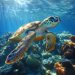Fototapeta premium A peaceful underwater scene with a sea turtle swimming among large, healthy coral reefs