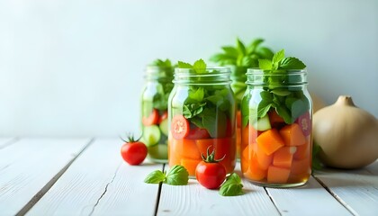 fresh vegetable salad in glass jars on wooden white table isolated on white