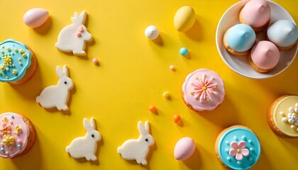 Top view of easter cakes with chicken eggs, cookies and decorative bunnies on yellow background