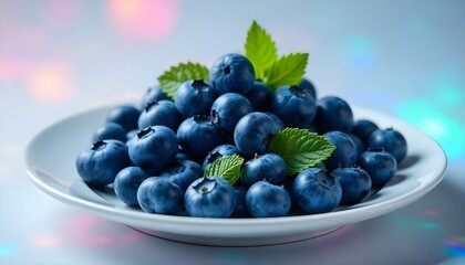 pile of ripe fresh blueberries with mint leaves isolated on white