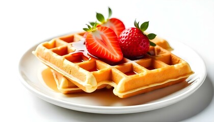viennese waffles with strawberry and sweet syrup isolated on white background
