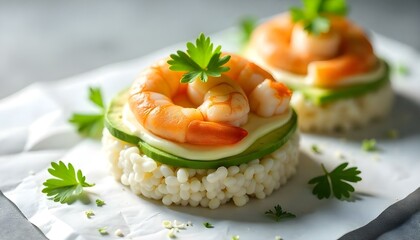 Rice cakes with cream cheese, shrimp, avocado and parsley top view isolated on white background