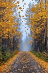 Fototapeta premium Misty Autumn Road with Falling Golden Leaves