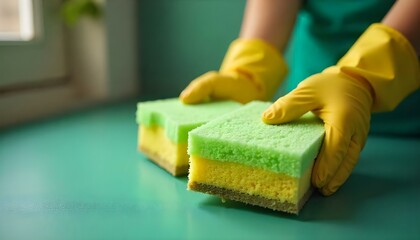 cropped view of housekeeper in rubber gloves holding two sponges on green