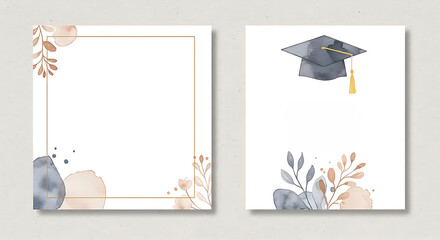 Graduation cap with leaves and watercolor splash illustration for commencement party or announcement. Educational achievement concept for diploma event. Copy space frame.