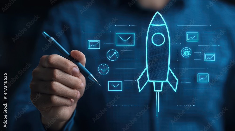 Poster man holding pen illustrating rocket launch concept with data and digital elements in a dark backgrou