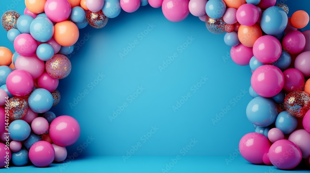 Aufkleber festive balloon archway frame in pastel tones on a azure background for celebrations and events with