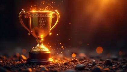 Golden trophy gleams, fiery embers glow, sparks fly , reflection, shadow, fire
