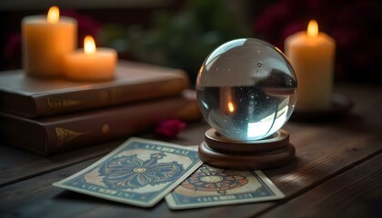 KYIV, UKRAINE - JANUARY 9, 2020: selective focus of crystal ball, books, candles, tarot cards and