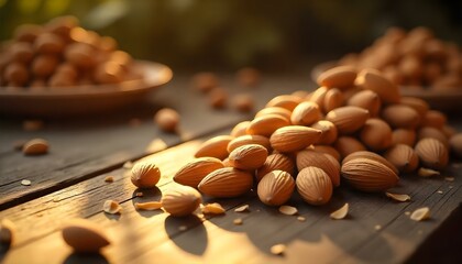 almonds nuts on a wooden table