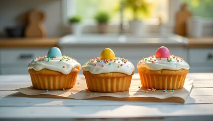 traditional delicious easter cakes on white wooden surface