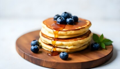 Pancakes with blueberries and syrup Isolated on white background