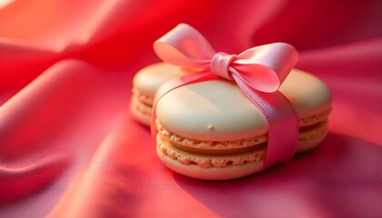 delicious colorful french macaroons wrapped in ribbon with bow on red background