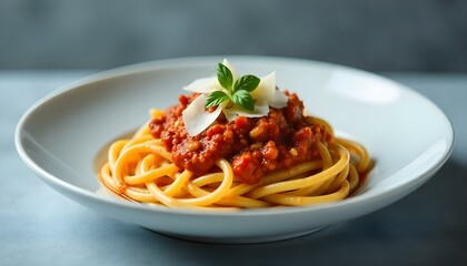 tasty bolognese pasta with tomato sauce and Parmesan on white plate on grey background