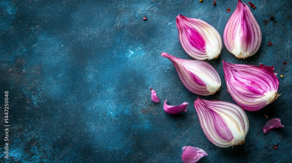 Poster red onions halves arranged on a dark blue textured background with copy space.