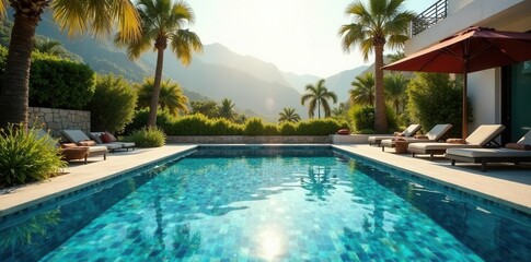 Fototapeta premium Sun-drenched, mosaic-tiled pool, landscaped setting, poolside, real estate, elegant