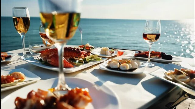 White yacht deck holds elegant seafood plates and glasses, lunch elevating ocean breeze, lunch celebrating sunlit voyage, lunch inviting maritime indulgence. Concept for premium travel