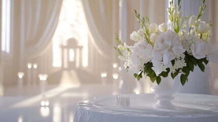 Elegant white floral centerpiece in a grand hall