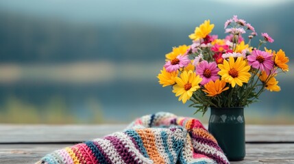 Colorful Flower Bouquet in Vase with Cozy Blanket on Rustic Table Beside Calm Waters and Soft Mountains