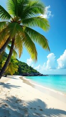Obraz premium Sun-drenched palm trees sway over pristine beach , bright sky, sun, ocean view