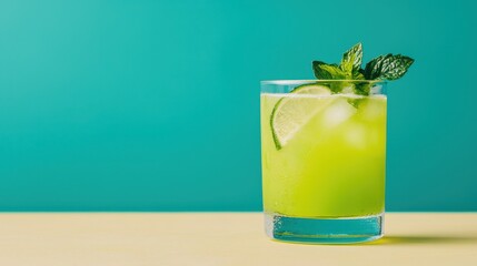 Refreshing Green Cocktail with Mint and Lime in a Glass Against a Bright Background