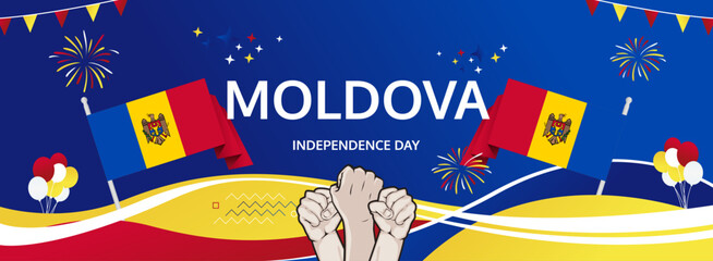 Moldova Independence Day modern greeting banner. 27 August Happy National Day. Festive horizontal templates in flag colors, great for carnival event, poster, tourism campaign, and holiday sale