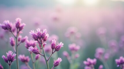 Fototapeta premium Serene Field of Delicate Lavender Blossoms Bathed in Soft Sunlight, a Gentle Breeze Rustling Through the Petals