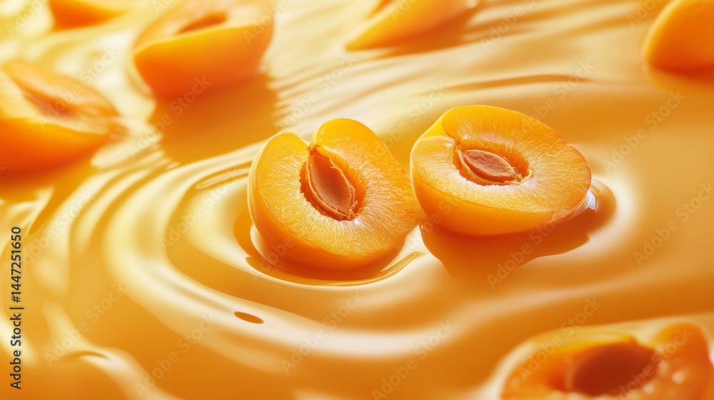 Poster close-up of halved apricots floating in apricot juice, showcasing vibrant color and texture.