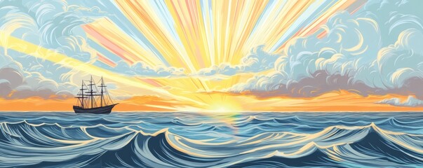 A majestic ship sails towards the sun setting over the ocean