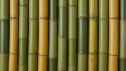 Photorealistic texture background composed of smooth, natural bamboo stalks laid horizontally side-by-side. Shows the characteristic nodes and subtle color variations (light yellows and greens) 