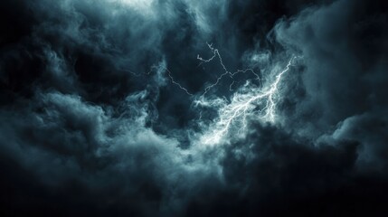 Dramatic dark stormy sky with lightning bolts.