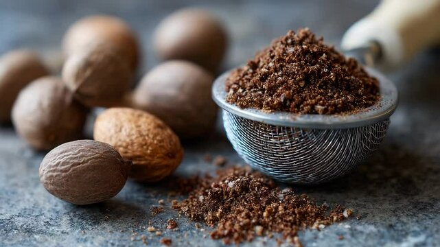The close-up image showcases ground nutmeg beside whole nutmeg, emphasizing the rich textures and earthy tones that highlight this aromatic spice's culinary value.