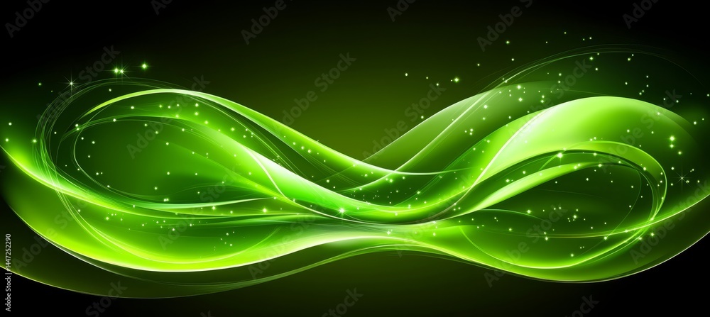 Poster abstract glowing background with green luminous swirls, sparkling particles, and bokeh effect.