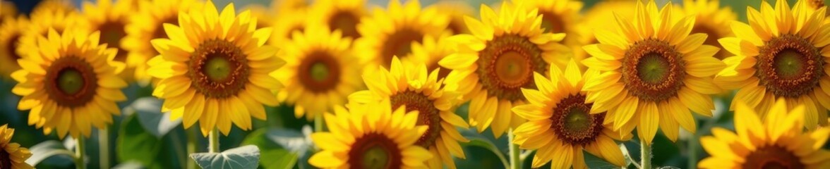 Obraz premium Sun-drenched sunflower heads, tightly arranged, golden, field