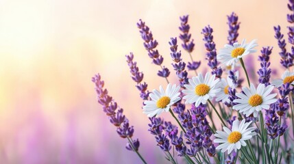 Naklejka premium Beautiful Arrangement of Lavender and White Daisy Flowers with Soft Pastel Background in Nature