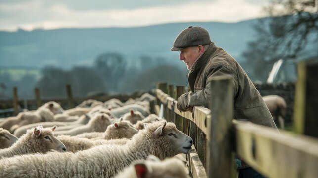 Shepherd Overseeing Flock in Rural Pasture