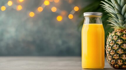 Fresh Tropical Pineapple Juice in Glass Bottle with Tropical Background and Decorative Bokeh Lights
