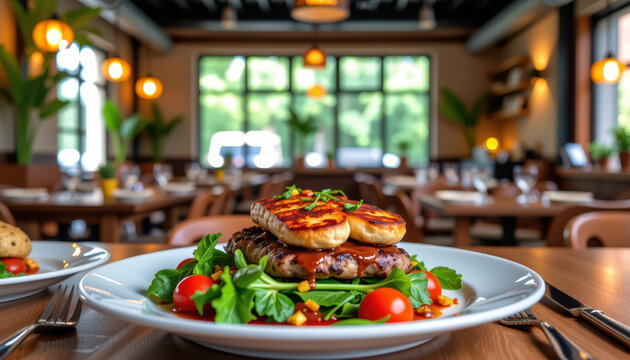 A gourmet burger with grilled halloumi and fresh salad is served in a stylish, modern restaurant with a cozy ambiance. - Powered by Adobe