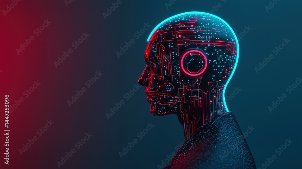 Poster futuristic robot head with neon lights and circuit patterns on dark background