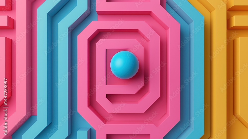 Poster colorful abstract geometric design with 3d layers and a blue sphere centered on a bright background