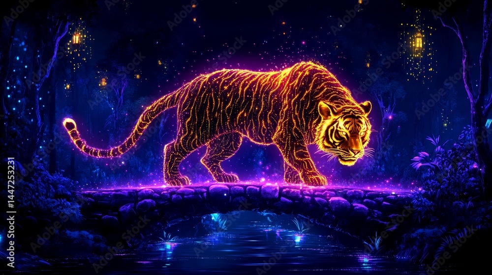 Aufkleber luminous leopard traversing the starlit bridge in a cosmic jungle with vibrant colors and sparkling 
