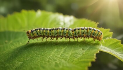 Fototapeta premium Close-up of caterpillar crawling on vibrant green leaf, sunlight, foliage, macro, vivid