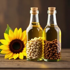 Sunflower oil & seeds in bottles, wooden background, sunflowers, rustic background, bottle design