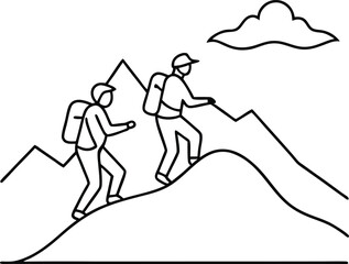 Mountain climbing scene drawn in minimalist single line art style showing climbers in action perfect for adventure exploration teamwork success and outdoor life visuals