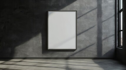 Blank vertical poster mockup in a dark room with sunlight.
