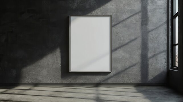 Blank vertical poster mockup in a dark room with sunlight.