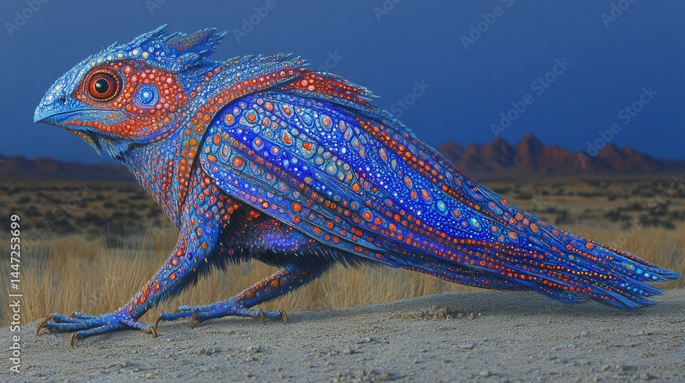 Poster vibrant chameleon with speckled patterns blends into desert terrain displaying unique animal texture