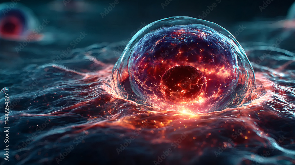 Poster captivating close-up of a glowing cell in abstract fluid background