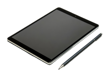 Gray and black tablet computer, angled, with a stylus, is shown on a black background. The tablet's screen shows a neutral dark gray color.