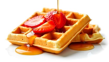 viennese waffles with strawberry and sweet syrup isolated on white background